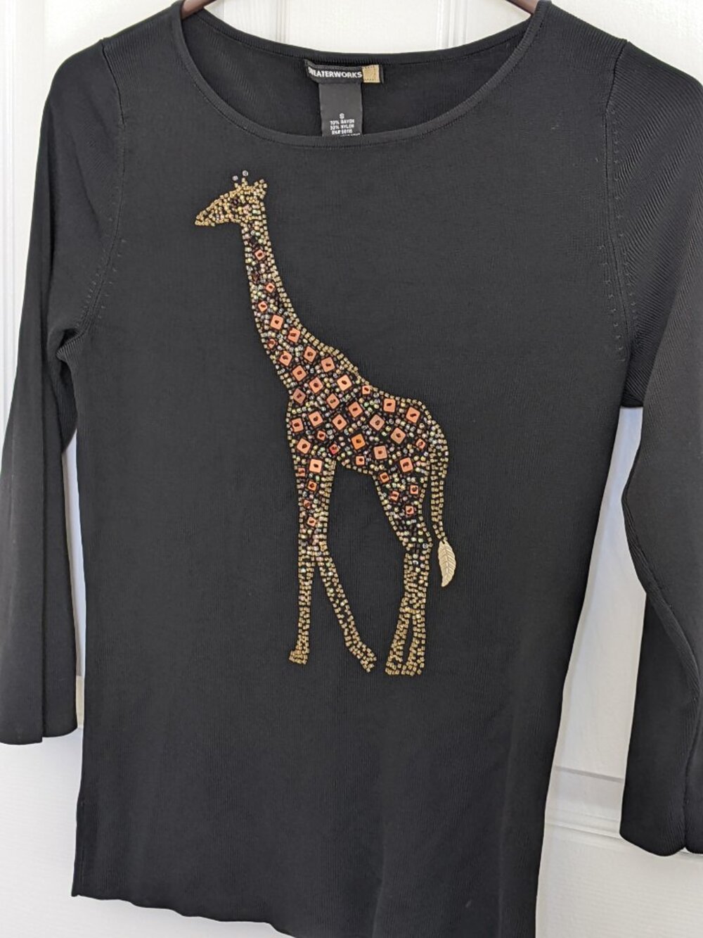 Sweaterworks Women Black Top, Embroidered Giraffe detail, Size S